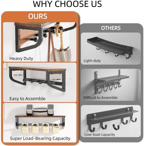 Coat Rack Wall Mount, Wood Wall Shelf with Hooks, Coat Hanger Wall Mount with 4 Metal Hooks, Wall Mounted Coat Rack Organizer for Entryway, Bedroom, Living Room, Room Decor, Brown 2 Pack - Image 4
