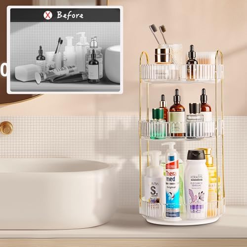 360 Rotating Makeup Organizer, 3 Tier Large Capacity Lazy Susan Bathroom Counter Organizer, Skincare Organizers, Spinning Perfume Organizer & Vanity Organizer Countertop (Golden Clear, 3 Tier) - Image 2