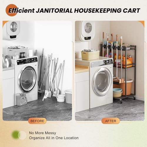 Broom Holder with Cleaning Supplies Organizer, Broom Closet Storage Cabinet with Mop Hanger Gripper Rack Hooks, Cleaning Housekeeping Janitorial Cart with Cleaning Caddy, Laundry Room Organization - Image 6