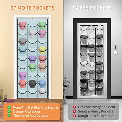Hat Rack for Baseball Caps, 27 Pockets Over The Door Baseball Hat Organizer, Fitted Hat Storage for Closet Wall Mount Bag With Large Pockets & 3 Hooks, Hat Holder Hanger Organization to Display Caps - Image 5