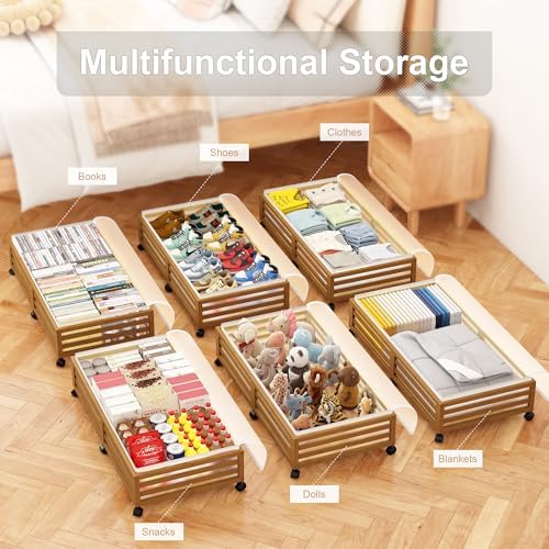 Under Bed Storage with Wheels, 2 Pack Bamboo Drawers for Shoes and Clothes - Image 3