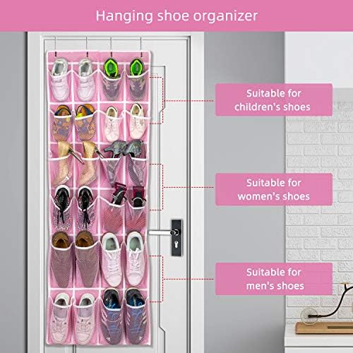 SAVERHO 2 Pack Hanging Shoe Organizer，Over Door Shoe Organizer with 24 Mesh Large Pockets Shoe Storage Bag for Sport Shoes Size:58x21 Inch Hanging Door Shoe Rack Organizer (Pink-2pack) - Image 3