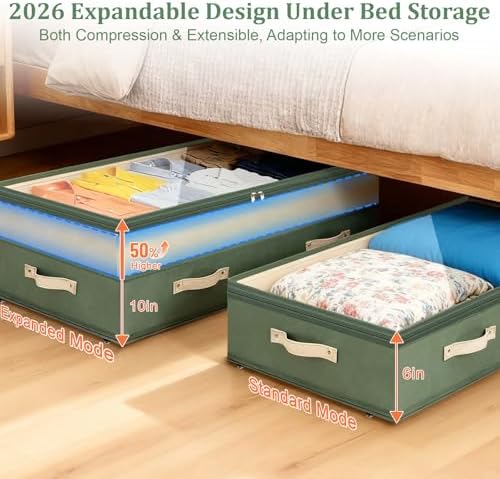 Dolicer 2 Pack Under Bed Storage with Wheels, 6in-10in Height Adjustable Underbed Storage Containers, 92L XXXL Under Bed Drawers Rolling Bin with Clear Lids for Dorm Shoes Clothes Organizers(Green) - Image 2