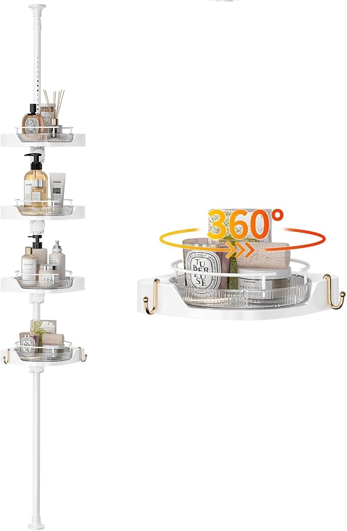 akinbas 360° Rotating Shower Caddy Tension Pole with 4-Tier Rustproof Lazy Susan 35-128 Inch No Drilling Coner Shelves Adjustable Shower Rack for Bathroom Bathtub Washbasin Plant Storage (White) by AKINBAS