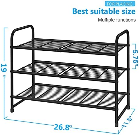 Simple Trending 3-Tier Stackable Shoe Rack, Expandable & Adjustable Shoe Shelf Storage Organizer, Wire Grid, Black - Image 3