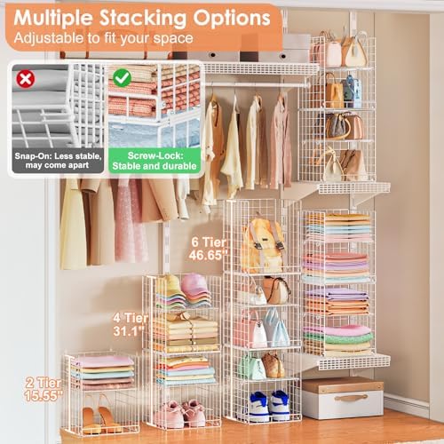 Yuyetuyo 6 Tier Raised-Height Hanging Closet Organizer, Stackable Sweater Organizer for Closet, Wire Storage Basket Bins for Clothes Purse Shoes, Hanging Shelves with 4 Hooks & 3 Dividers Adjustable - Image 4