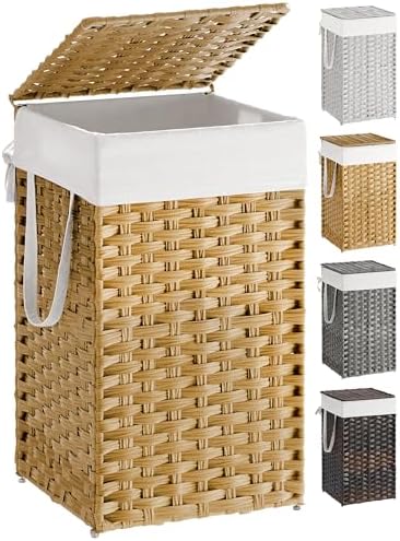 SONGMICS Laundry Hamper with Lid, 17.2 Gallon (65 L) Synthetic Rattan Clothes Laundry Basket with Lid and Handles, Foldable, Removable Liner, Goose Yellow ULCB165N01 by Unknown