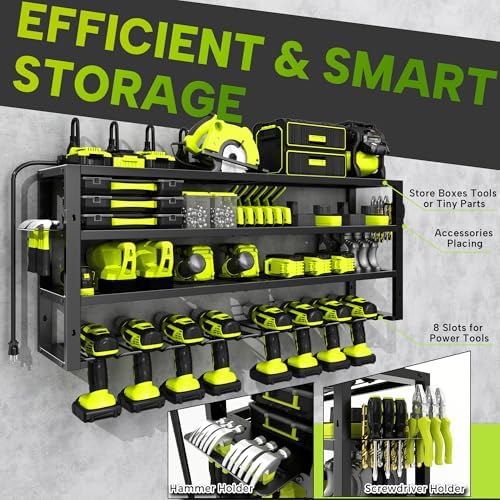 Large Power Tool Organizer Wall Mount with Charging Station, 8 Outlet Power Strip, 4 Layers 8 Drill Holder Heavy Duty Metal Tool Storage Loads 420lbs with Screwdriver Holder, Utility Racks for Garage - Image 6