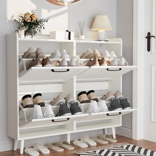 Shoe Storage Cabinet with 4 Flip Drawers, Freestanding Shoe Organizer with Adjustable Shelf & Anti-Tipping Device, Hidden Shoe Rack for Entryway, Hallway, Foyer, Lounge（White） by TEROL