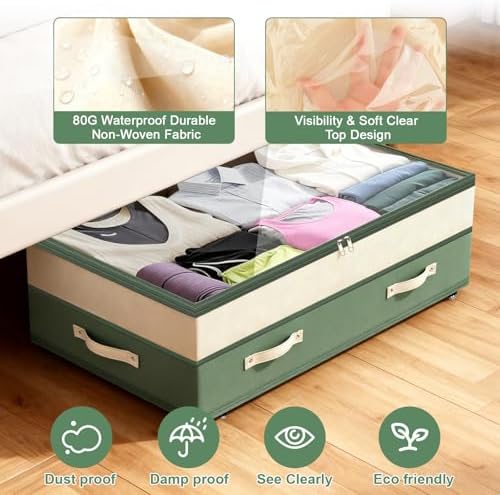 Dolicer 2 Pack Under Bed Storage with Wheels, 6in-10in Height Adjustable Underbed Storage Containers, 92L XXXL Under Bed Drawers Rolling Bin with Clear Lids for Dorm Shoes Clothes Organizers(Green) - Image 5