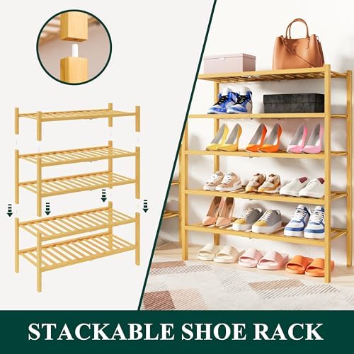 Smiry Bamboo Shoe Rack, 14 Vertical Slats, 3 Tier - 26.8" Wide, Natural - Image 4
