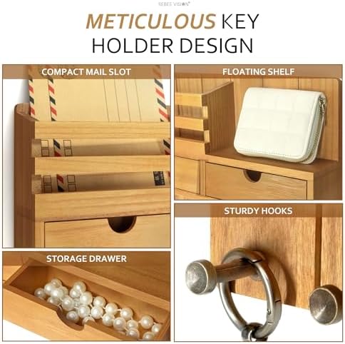 Rebee Vision Key Holder Wall Mount with 2 Drawers for Entryway, Light Brown - Image 6