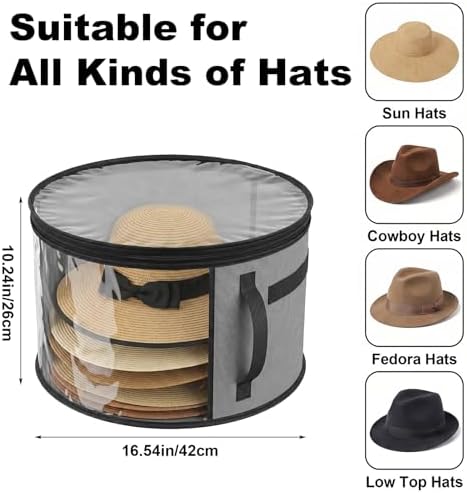 Bremorou Oversized Clear Hat Storage Box for Travel and Wardrobe Holds up to 7 Caps Cowboy Hat Organizer Bag Wide Brims Hat Case with Carrying Handles Non Woven Fabric Pvc Materials Unisex (Gray) - Image 2