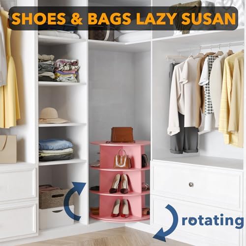 SpaceAid 3 Tier Rotating Shoe Rack Tower, Spinning Shoe Display Lazy Susan, Revolving 360 Shoe Rack Storage Round Carousel, Vertical Handbag Rotate Shoes Closet Organization (3-Tier Pink) - Image 4