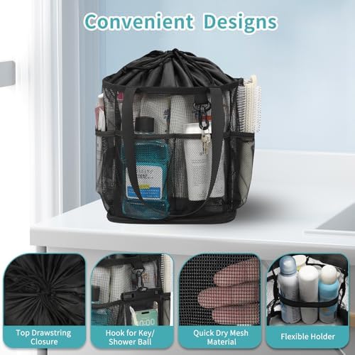 Shower Caddy Portable, Mesh Shower Caddy Hanging with Waterproof Phone Pouch Black, Large Capacity Shower Bag for College Dorm Room Essentials, Quick Dry Shower Basket for Gym, Camping, Swimming - Image 7