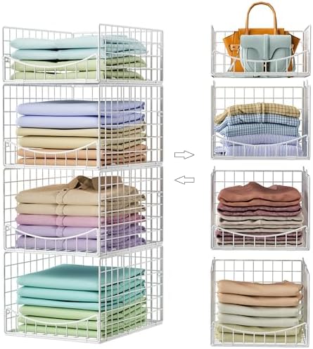 Hongtamoya 4-Tier Stackable Closet Organizers and Storage Shelves, Foldable & Mutifunctional Clothes Storage Basket Sweater Organizer Bins Container for Wardrobe Kitchen Office Bathroom, White by Hongtamoya