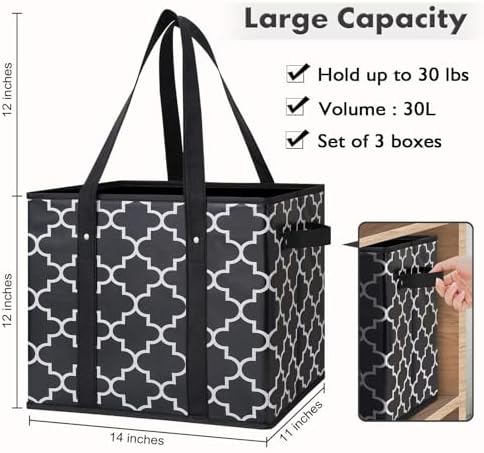 WISELIFE Reusable Grocery Bags 3-Pack Foldable Washable Large Storage Bins Basket Water Resistant Shopping Tote Bag Black - Image 3