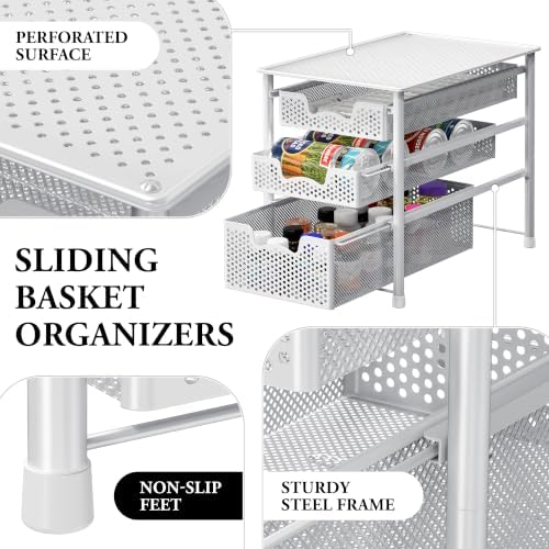 Simple Houseware 3 Tier White Alloy Steel Sliding Basket Organizer Drawer Cabinet - Image 4