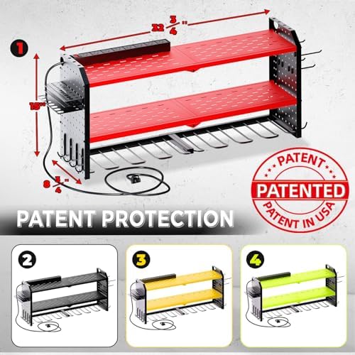 KAFAHOM Power Tool Organizer with Charging Station, Built in 8 Outlet Power Strip, Large 8 Drill Holder Wall Mount, Heavy Duty Metal Power Tool Storage Rack Tool Shelf for Garage Organization Red - Image 5