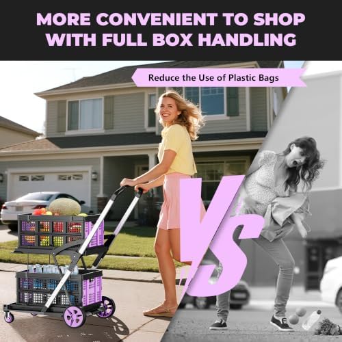 200LBS Collapsible Shopping Cart with 2 Storage Crates, 8-in-1 Portable Foldable Utility Cart with Foot Brake for Picnic, Supermarket, Grocery, Office, Outdoor, Purple - Image 6