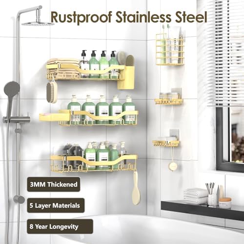NESOMI Shower Caddy Adhesive Shower Organizer 8-Pack, Rustproof Stainless Steel Bathroom Shelves, Large Capacity No-Drill Rack Storage Accessories with Soap Dish Toothbrush Holder Hooks - Image 5