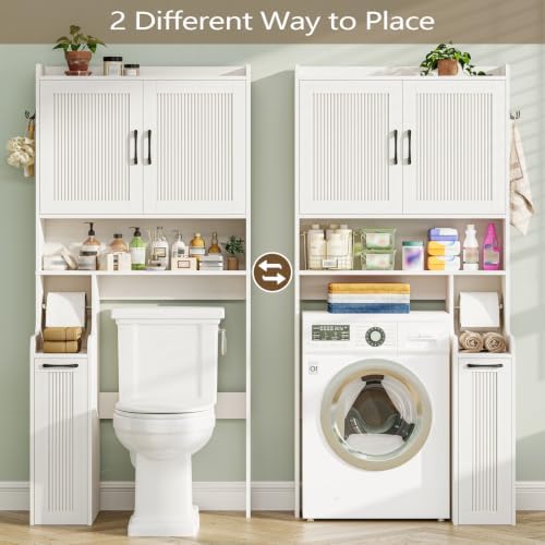 Halitaa Over The Toilet Storage Cabinet with Pulley, Space Saver Fluted Bathroom Organizer with Open Shelves, Anti-Tipping, Toilet Paper Holder Stand Toilet Rack for Bathroom, Laundry（White） - Image 5