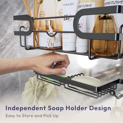 SWTYMIKI Over the Door Shower Caddy Hanging with Double Soap Holder, Hanging Shower Organizer with 16 Hooks, No Drilling Shower Shelves Over Door, Bathroom Rack and Storage, Black - Image 5