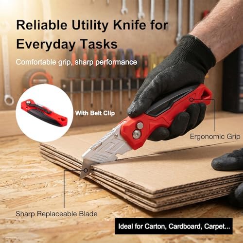(2-Pack) Box Cutter with Blade Storage Design, Heavy Duty Folding Utility Knife with 10 Extra Blades for Cardboard, Carton, Carpet Cutting, Anti-slip Handle, Quick Replace Blade - Image 2