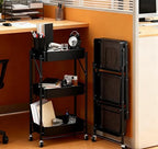 Foldable Rolling Cart 3-Tier Small Foldable Utility Storage Cart Multifunctional Metal Storage Bin Heavy Duty Organizer Carts with Rolling Wheels for Home Office (Black) - Image 3