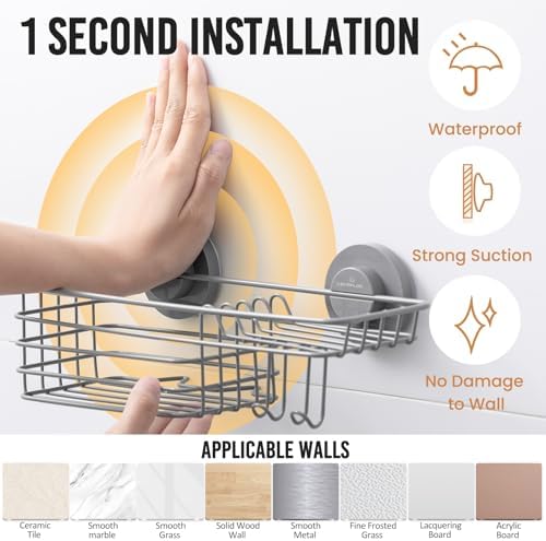 LEVERLOC Shower Caddy Suction Cup, Heavy Duty Bathroom Organizer, Grey - Image 2