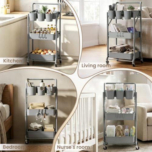 Foldable 3 Tier Rolling Cart, Metal Utility Cart with Wheels - Image 5