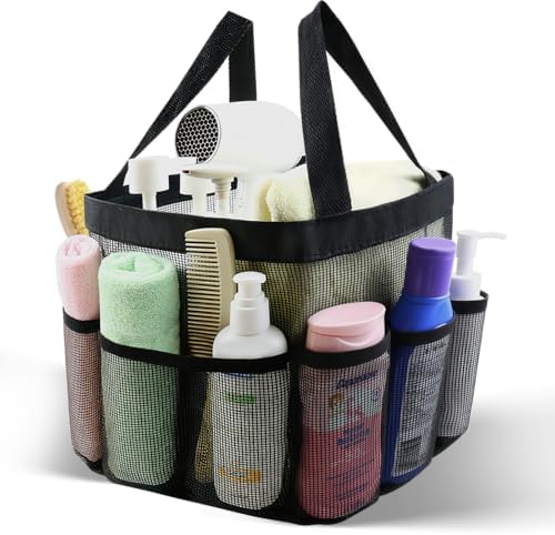 Mesh Shower Caddy Portable, Shower Tote Bag for Dorm Room Essentials, 8 Pockets Large Shower Basket for College Gym Beach Camping (1, Black) by ASBEFORE