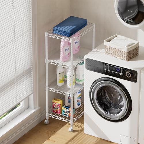 SINGAYE 4 Small Shelves Storage Shelf Wire Shelving Unit Metal Shelf Adjustable Organizers Storage Shelving with Wheels for Bathroom Laundry Room Kitchen Pantry11.5”D x 17.3”W x 44.5”H White - Image 6