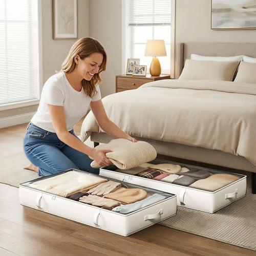 2-Pack Under Bed Storage Containers, 6 Inches Tall Clothes Storage, Beige | High Side Collapsible Underbed Organizer Bin with Sturdy Sidewalls/Bottom, Cotton Linen Bins, For Seasonal Clothes & Bedding - Image 7