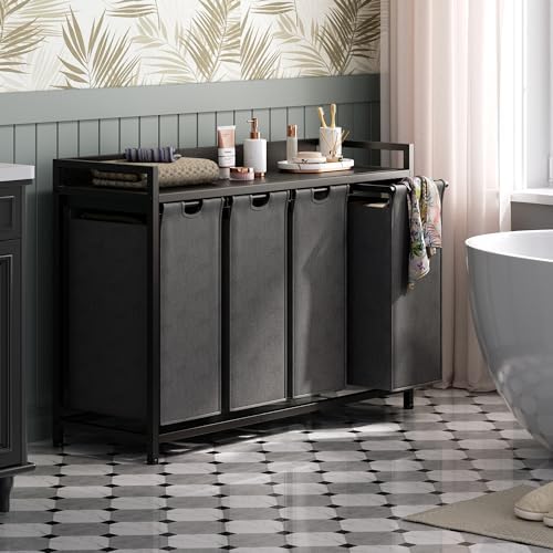 Herture Laundry Hamper with Shelf, Laundry Basket 4 Section, Laundry Sorter with Pull-Out Removable Large Bags and Movable Wheels, Metal Frame, 4 x 15.87 Gallons (60L), Black and Gray PF07XLB - Image 6