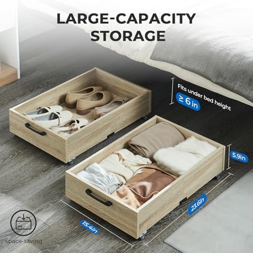 TIOPGHAD 2-Pack Under Bed Storage Drawers Organizer with Wheels, Oak - Image 2