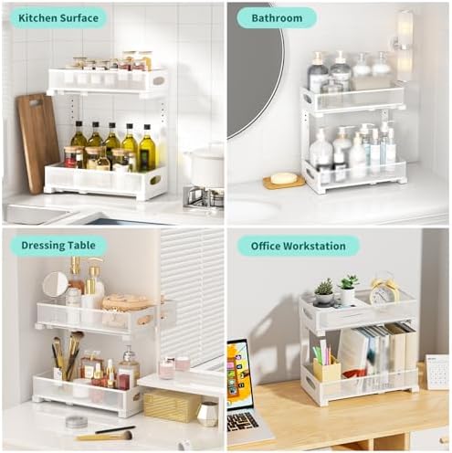 Under Sink Organizer, 2 Pack 2 Tier Metal Slide Out Pull Out Cabinet Organizer Shelf, Height Adjustable Organization and Storage Series, Bathroom/Desktop/Cabinet/Kitchen organization, White - Image 4