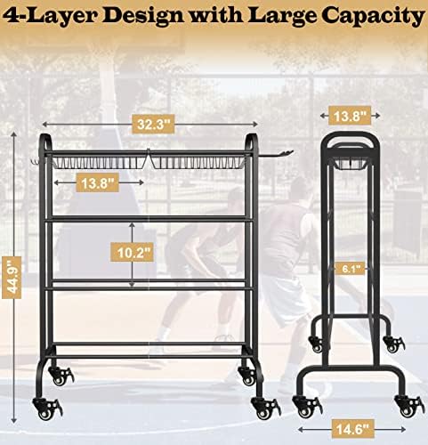 Basketball Racks Holder for Balls with Wheels, Rolling Metal Sports Equipment Storage Stand Organizer with Baskets and Hooks for Basketballs Footballs Volleyball, Black - Image 4