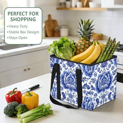 Trunk Organizer Collapsible Car Organizer with Handle Car Storage Box Bin for Groceries SUV Utility Tote Bag Portable Vehicle Container Blue and White Flowers Tile - Image 5