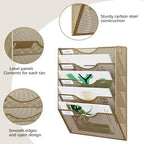 EasyPAG Wall File Organizer 5 Tier Hanging Paper Folder Holder, Zero Assembly Metal Mesh Wall Mounted Mail Organizer for Office Home Classroom Narrow Spaces, Gold - Image 3