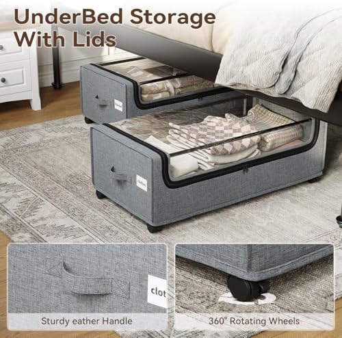 Under Bed Storage With Wheels, Tall Under The Bed Storage, Underbed Storage Containers With Lids, Metal Frame, 90L Capacity, Large Size - Image 2