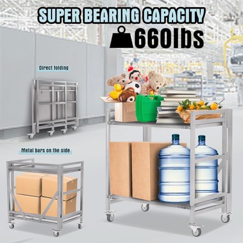 2 Shelf Rolling Cart with Wheels, 660lbs Capacity Collapsible Steel Rolling Utility Cart, Heavy-Duty Foldable Workbench, Metal Rolling Storage Cart with Handle for Groceries, Warehouse (36" Lx26 W) - Image 2