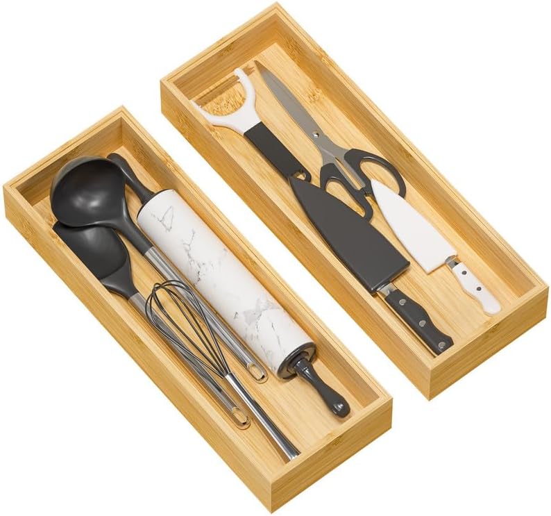 Kitchen Drawer Organizer Tray, Stackable Bamboo Deep Drawer Organizer for Large Silverware, Utensils, Cutlery, Flatware,Junk Drawer, Dresser, Bathroom, 17" x 6" x 2.5" (Set of 2) by Greatseas