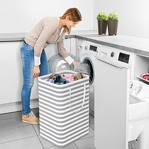 StorageRight Laundry Basket Hamper, 75L Clothes Storage, Striped Grey - Image 5
