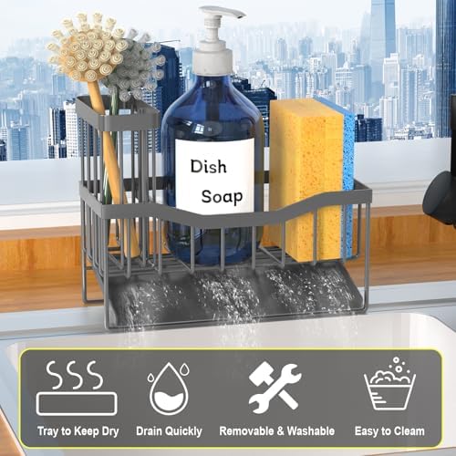 Fssvcd Maifan Sink Caddy Sponge Holder for Kitchen with Brush Holder and Stainless Steel Self Drain Tray, Rustproof Kitchen Sink Organizer for Sponge, Soap Dispenser Storage Accessories Dark Gray - Image 3