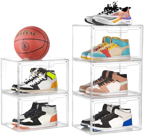 Clemate 5 Pack Clear Stackable Shoe Organizer Box with Lids, Acrylic Shoes Box with Magnetic Doors, Transparent Shoe Bins Closet Organizer, Fit up to US Size16, Containers for household or kitchen use by Clemate