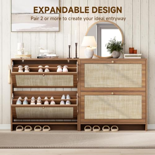 Nicetree Shoe Storage Cabinet for Entryway, Slim Shoe Rack with 2 Flip Drawers, Modern Boho Square Cane Engineered Wood Storage Cabinets, Narrow Shoe Organizer, Caramel - Image 5