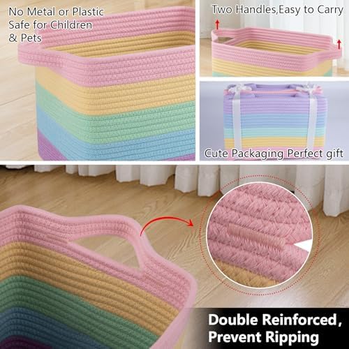 OIAHOMY Cotton Rope Storage Baskets for Organizing Rainbow Pastel 3-Pack - Image 4