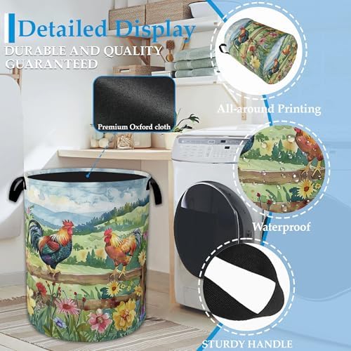 Rooster Laundry Hamper Farm Floral Laundry Basket Collapsible Portable Clothes Storage Bin for Bathroom Bedroom Room Decor 16 X 20.8 Inch - Image 3