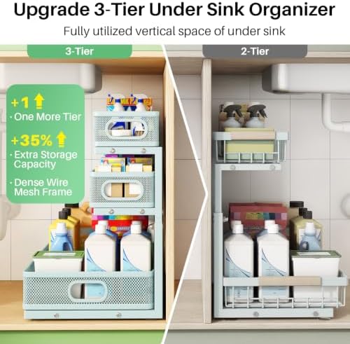 Under Sink Organizer, 2-Pack 3-Tier Height Adjustable Thickened Metal Pull out Cabinet Organizer Shelf, Slide out Storage Drawer Rack for Bathroom Kitchen Pantry Home Organization, LightBlue - Image 3